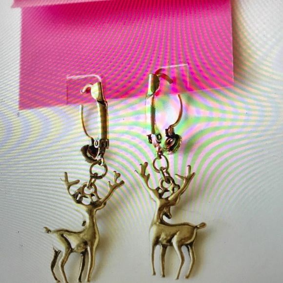 Deer Drop Dangle Earrings, Gold, Holidays are Coming! - Picture 4 of 5